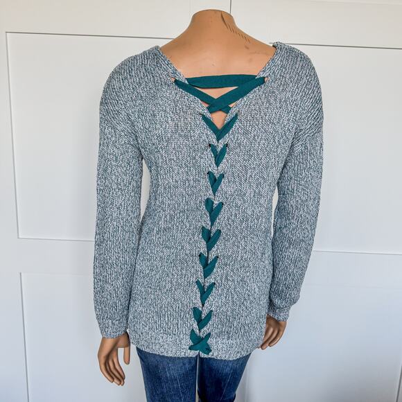 NWT-Miami of Francesca’s, Alice Lace Up Pullover Sweater-Teal-Women’s Size Small - Picture 3 of 10